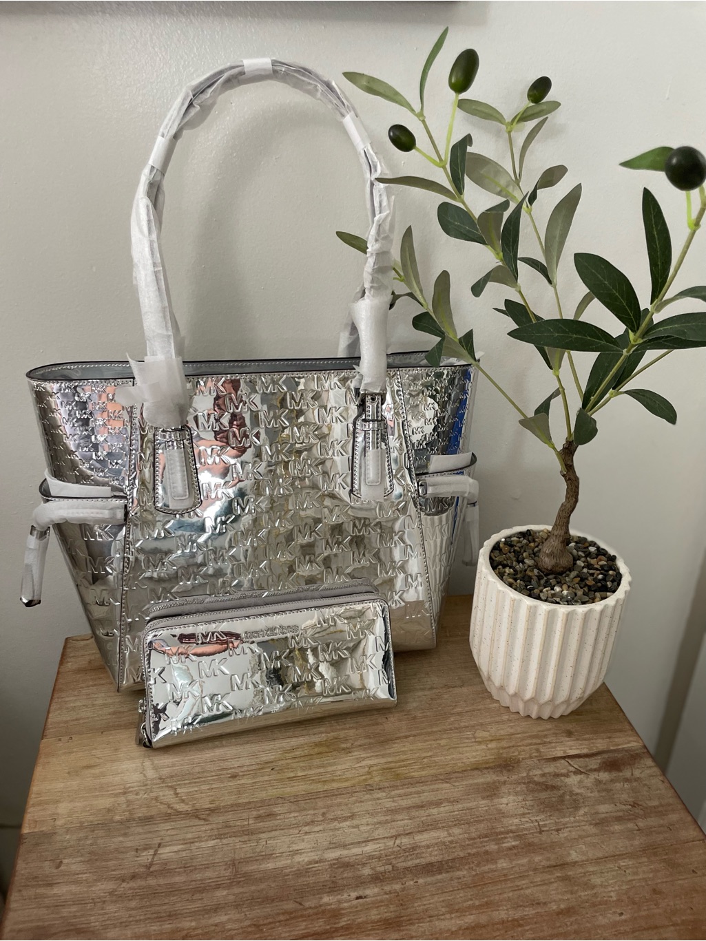Michael Kors Silver Reflective Mk Logo Tote With Matching Wallet